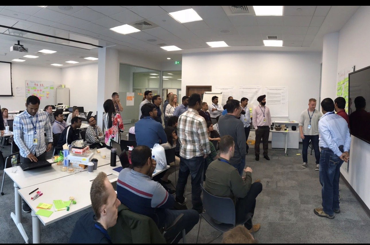 A cross-functional group working through a facilitated agile workshop